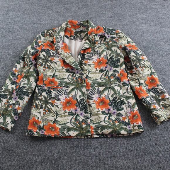Las Surenas Blazer Women Large Tropical Floral Print Linen Blend Jacket Colorful - Picture 1 of 10